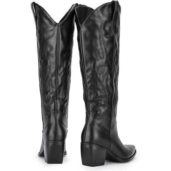 Women Faux Leather Black Embroidered Knee High Pointed Toe Chunky Heel Boot - Picture 5 of 5